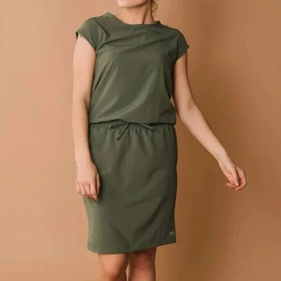 Albion Going Places Drawstring Dress Women Medium Green Cap Sleeve Pockets Nylon - Picture 1 of 12